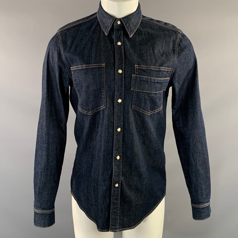 GIVENCHY Size S Navy Yellow Contrast Stitch Cotton Blend Long Sleeve Shirt